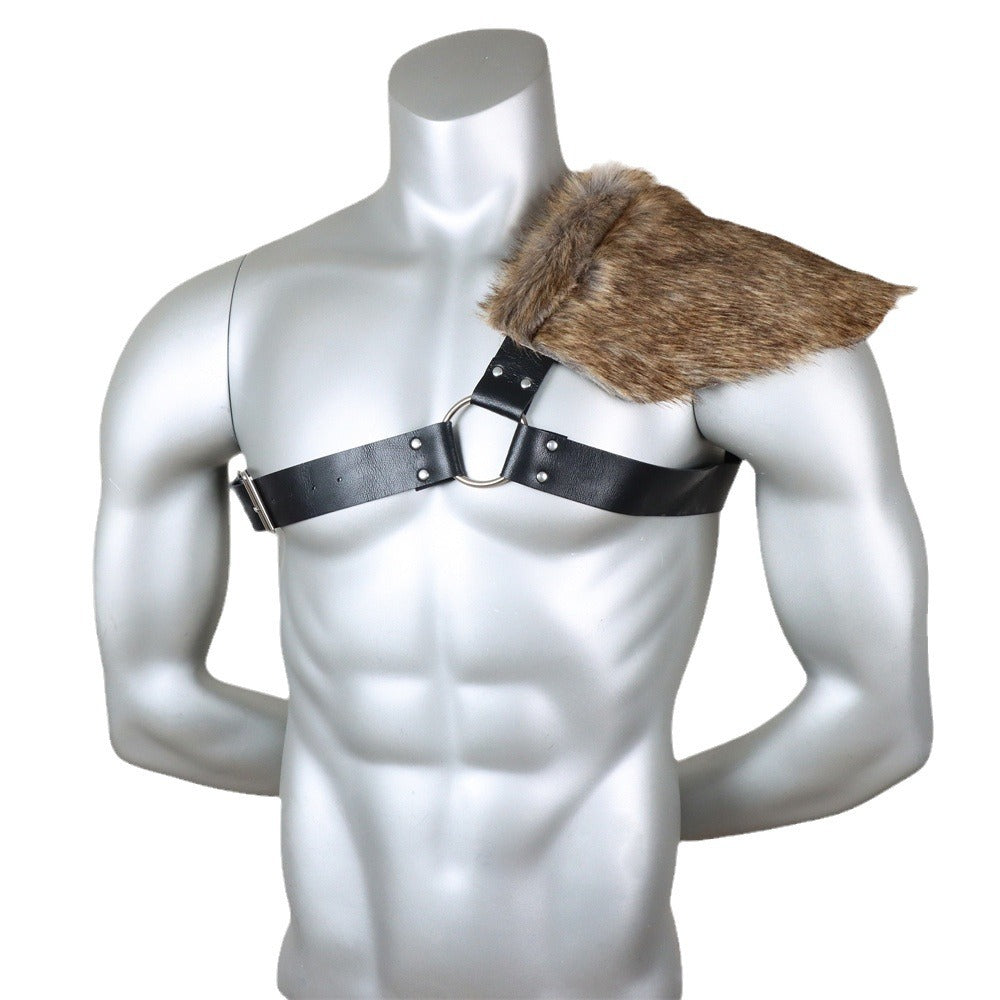 Men's asymmetrical shoulder harness with faux fur shoulder cape and adjustable leather straps Amarae