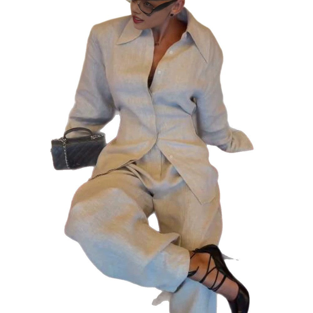 Women's Loose Linen Two-Piece with Boxy Shirt Blazer and Wide Palazzo Pants Amarae
