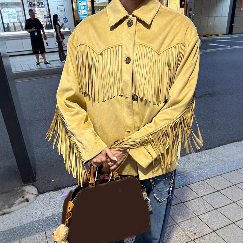 Women’s Oversize Fringe Jacket in Western Style made of Suede-Look with Shirt Collar Amarae