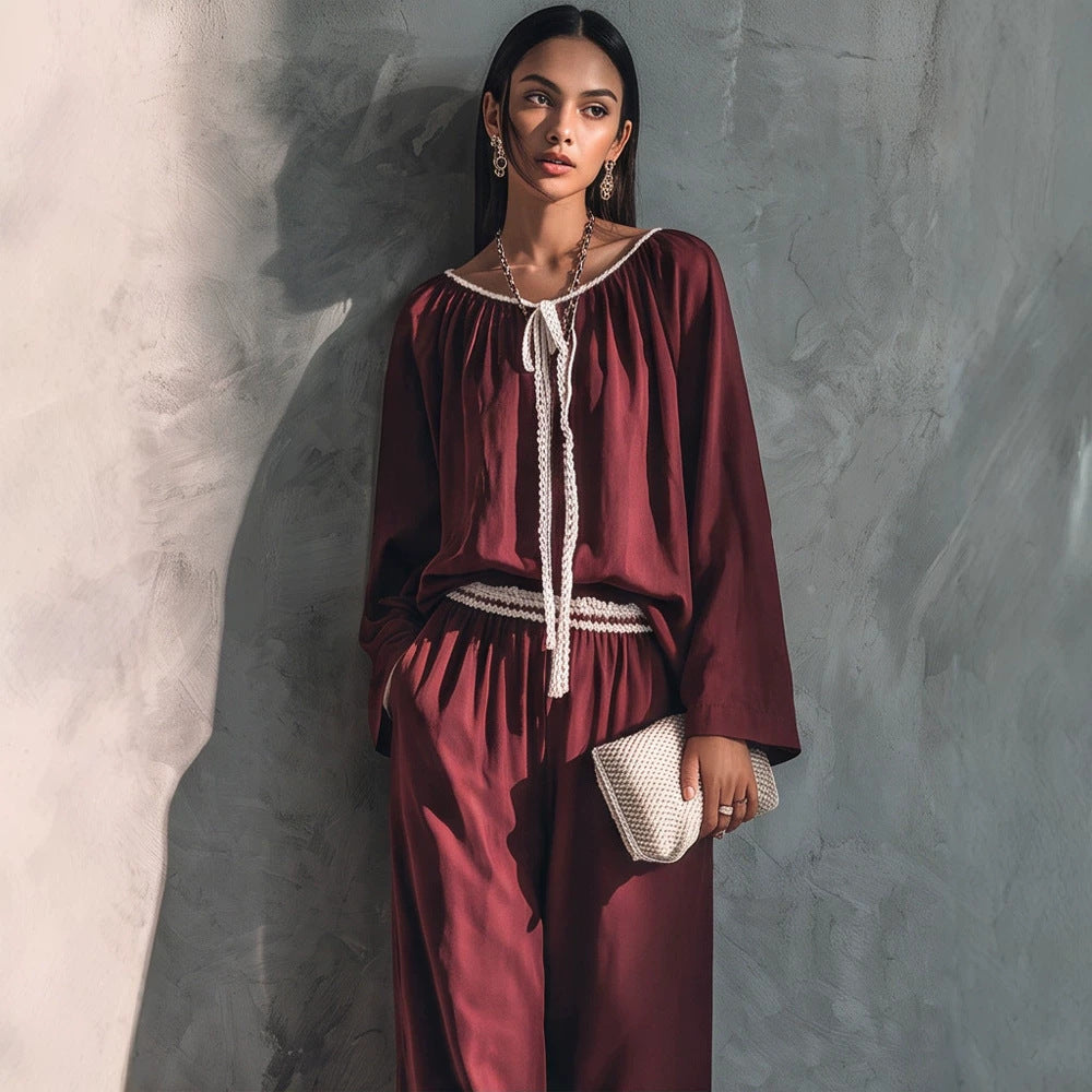 Ladies Flowing Two-Piece Loungewear Set in Silk Look with Wide Palazzo Pants and Gathered Tunic Amarae