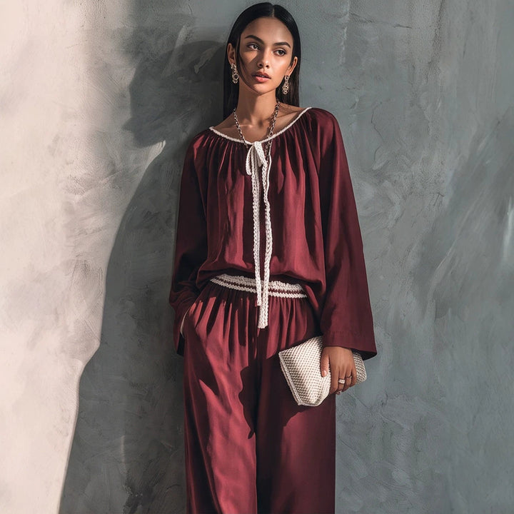 Ladies Flowing Two-Piece Loungewear Set in Silk Look with Wide Palazzo Pants and Gathered Tunic Amarae