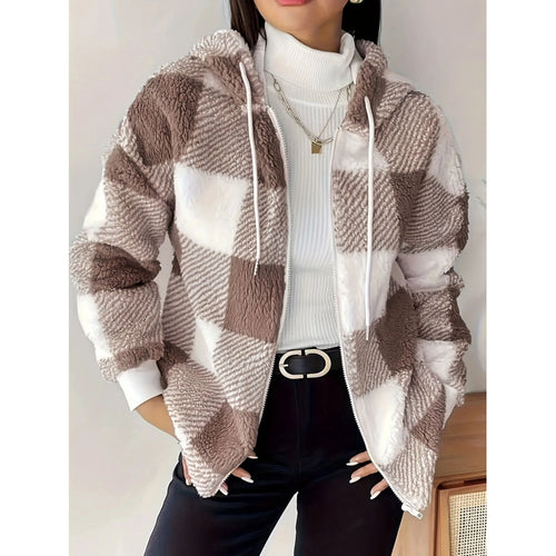 Ladies cozy teddy jacket with checkered pattern and practical pockets Amarae