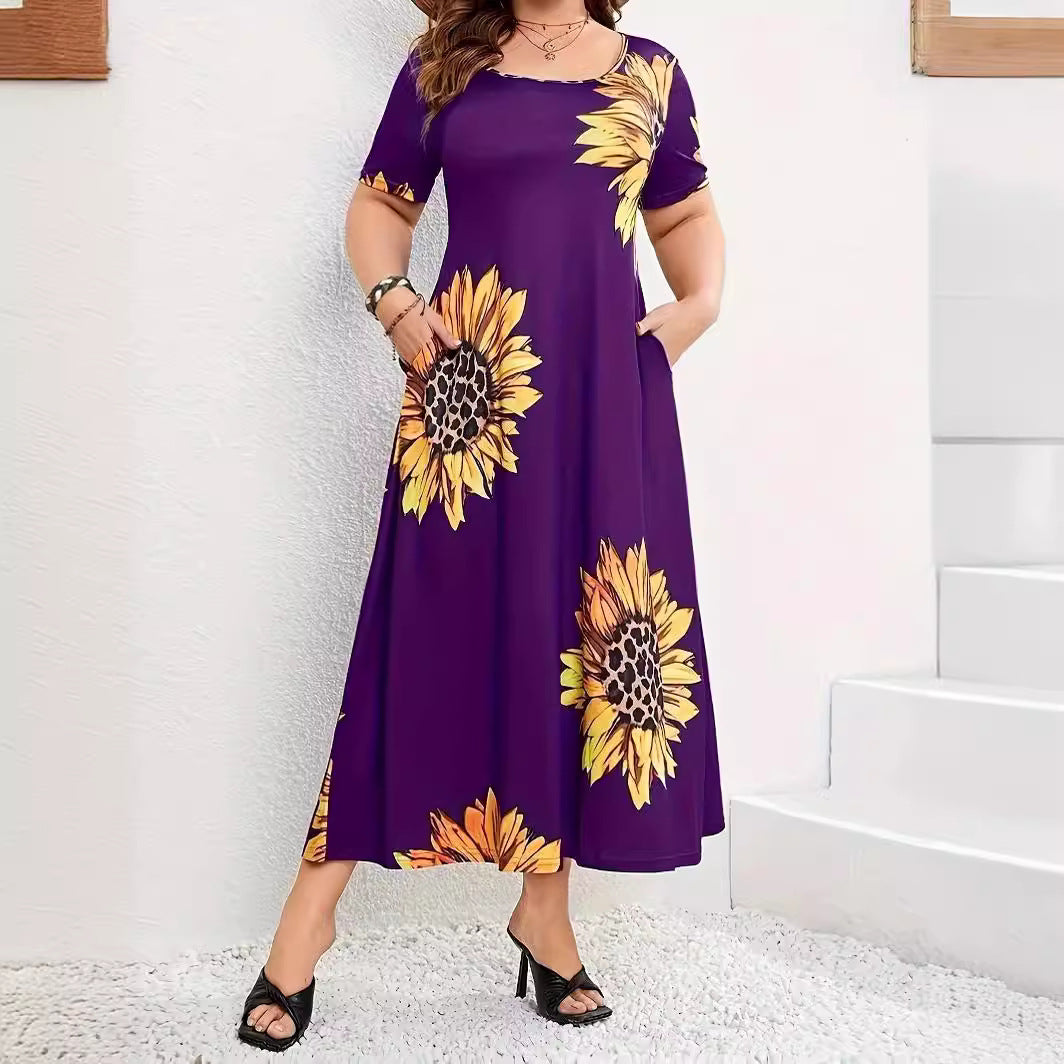 Summer maxi dress for women with sunflower floral pattern and practical pockets Lune London