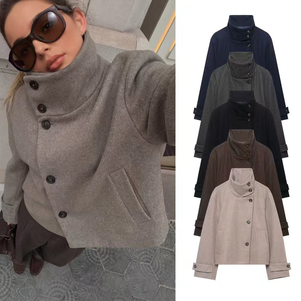 Women's Cropped Wool Blend Short Jacket with High Stand Collar, Asymmetric Button Placket and Cuffed Sleeves Amarae