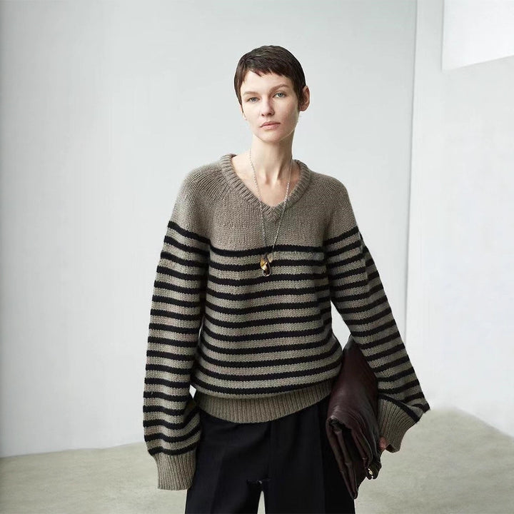 Pull décontracté à col en V pour femme avec rayures