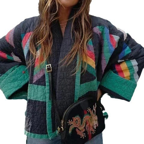 Women's padded kimono quilted jacket with patchwork design and wide sleeves Amarae