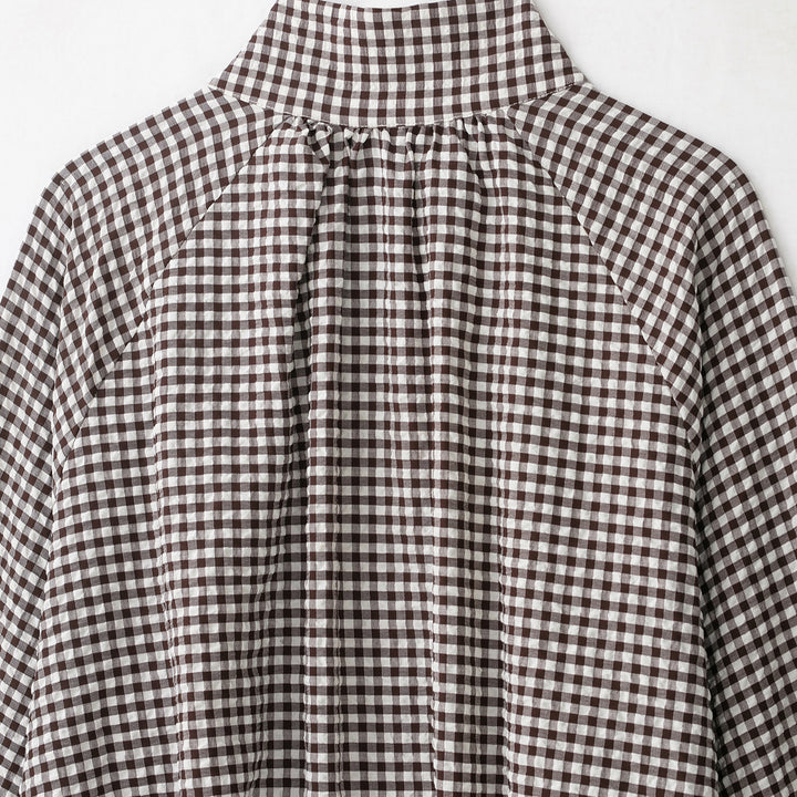 Women’s check blouse with stand-up collar, button closure and drawstring hem Amarae