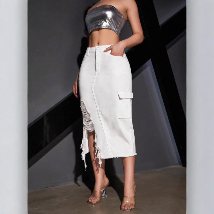 Women's midi skirt made of denim with side cargo pocket, high waist and destroyed slit Amarae
