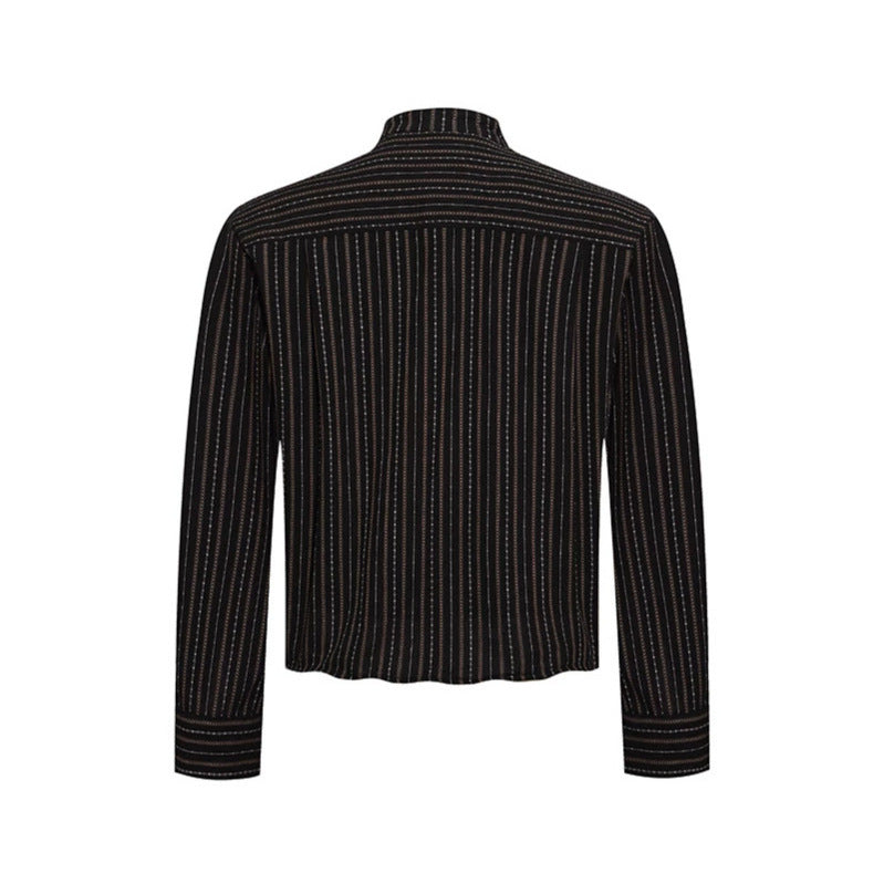 Men's Lightweight Long Sleeve Shirt with Stand-Up Collar, Fine Striped Pattern and Breast Pocket Amarae