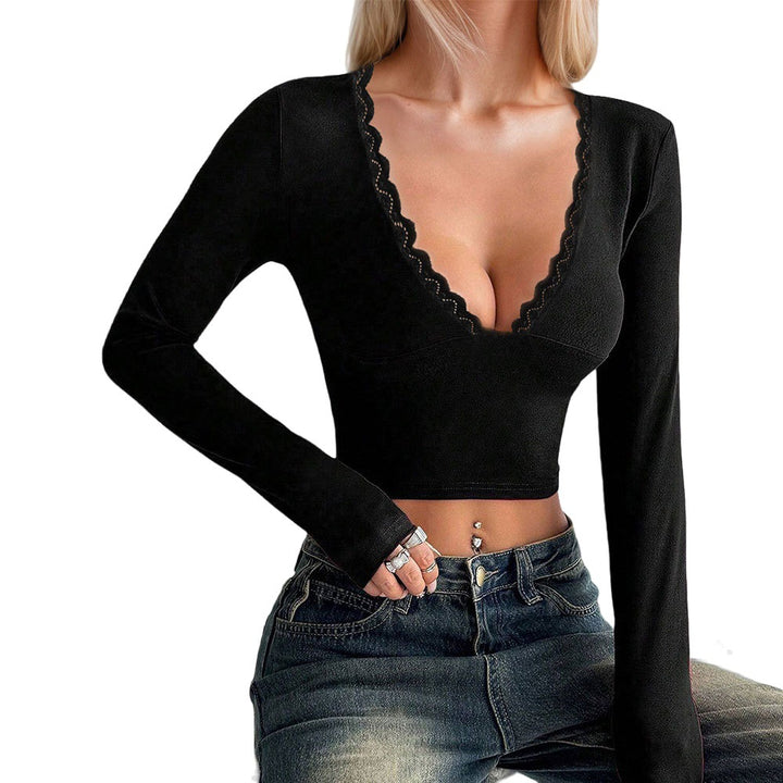Haut femme à manches longues avec décolleté en V plongeant et élégante bordure en dentelle Chic & Stil