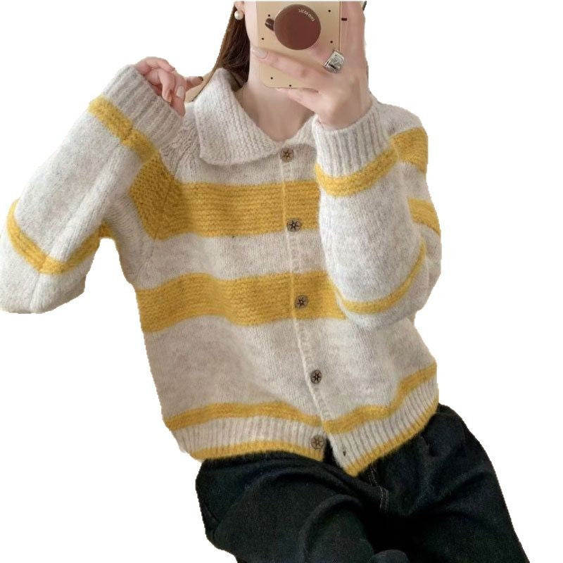 Knitted jacket for women with decorative collar and trendy stripes Lune London