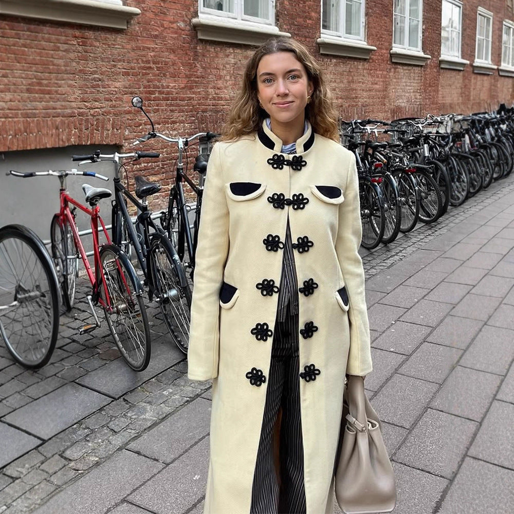 Women's maxi length tailored wool blend coat with stand-up collar and decorative frog closures Amarae