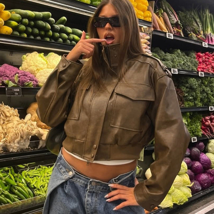 Women's Short Utility Bomber Jacket made of Vegan Leather with High Stand-Up Collar Amarae