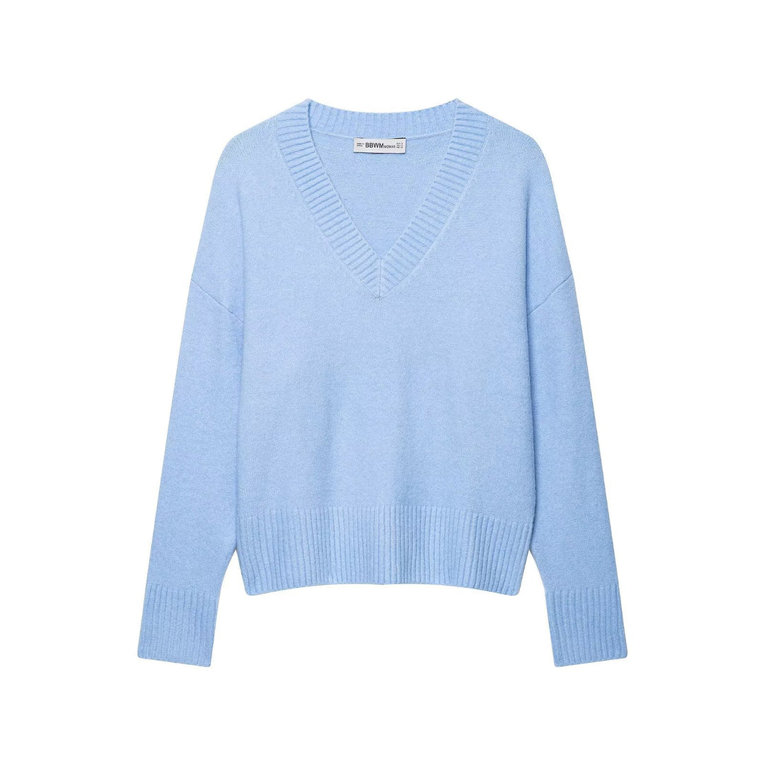 Women's Oversize V-Neck Fine Knit Sweater with Wide Ribbed Hem Amarae