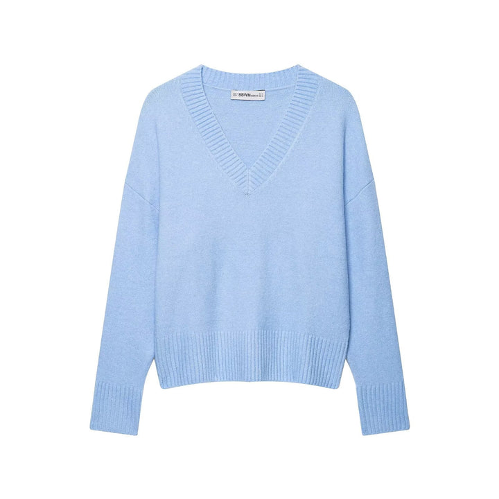 Women's Oversize V-Neck Fine Knit Sweater with Wide Ribbed Hem Amarae