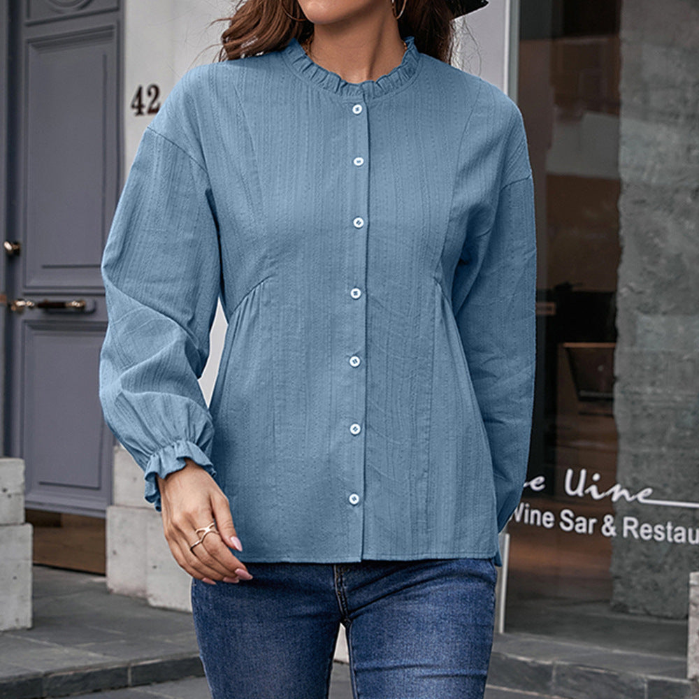Women's blouse with ruffle hem and button details Lune London