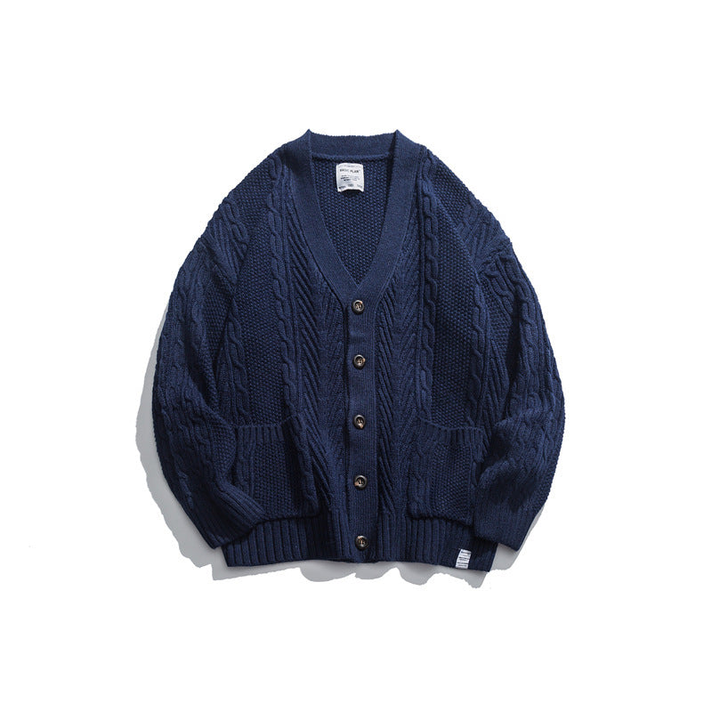Unisex Oversized Knit Cardigan with Cable Pattern, V-Neck and Patch Pockets Amarae