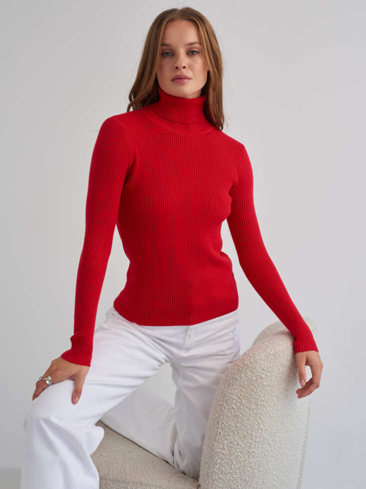 Pull long femme avec col haut et texture en fine côtes Chic & Stil