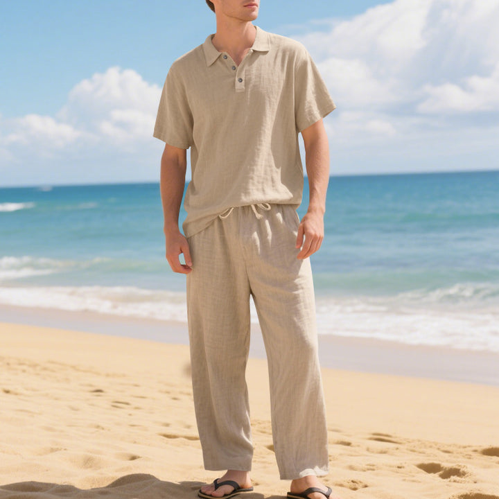 Tenue d'été décontractée pour hommes avec polo en coton de haute qualité à manches courtes et pantalons en lin confortables Lune London