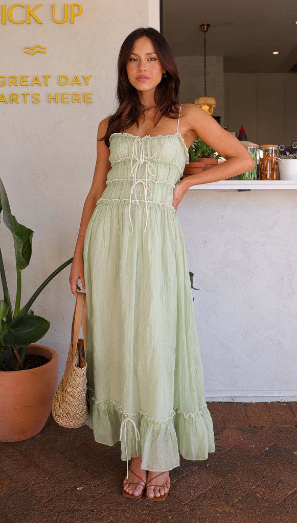 Ladies' maxi dress with ruffle details and adjustable straps Lune London