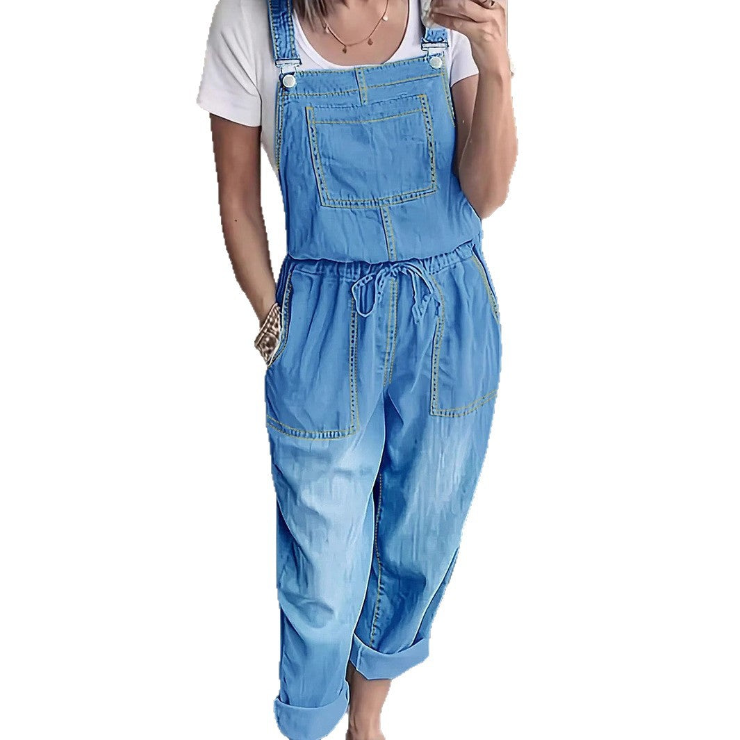 Women's Casual Denim Overall with Drawstring Waist and Patch Pockets Amarae