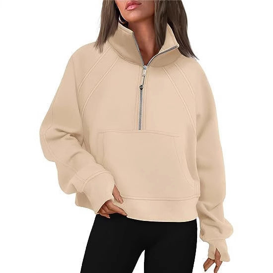 Ladies Short Sporty Sweater with High Collar and Zipper Lune London