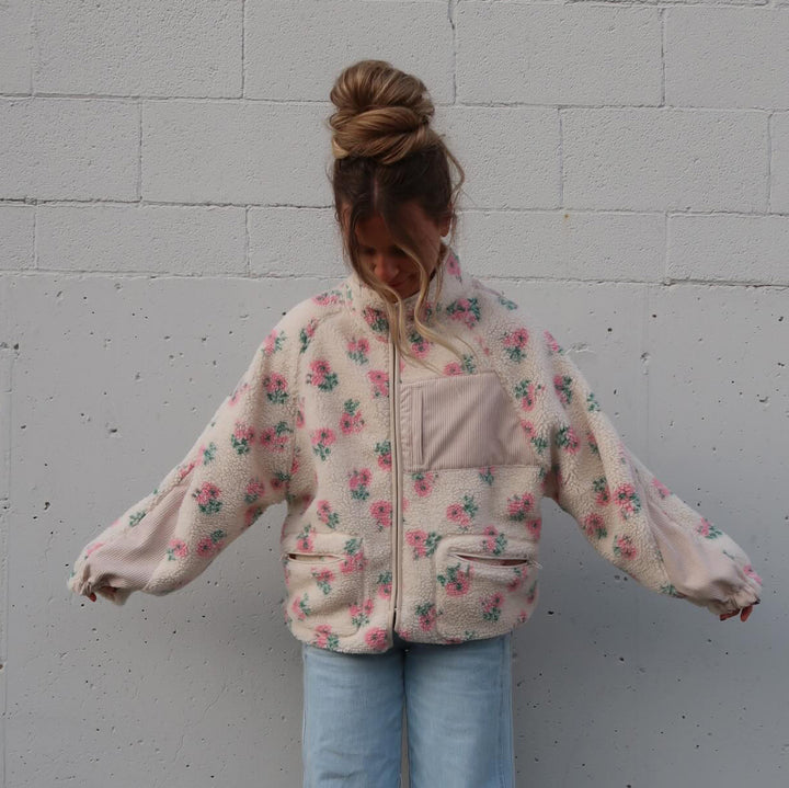 Trendy women's teddy jackets with eye-catching floral appliques Lune London
