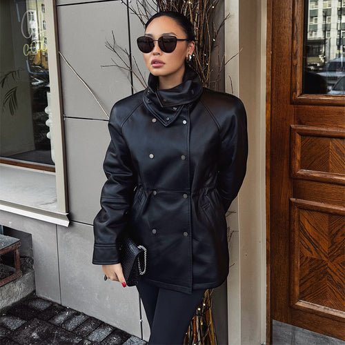Faux leather jacket for women with high collar and practical pockets Amarae