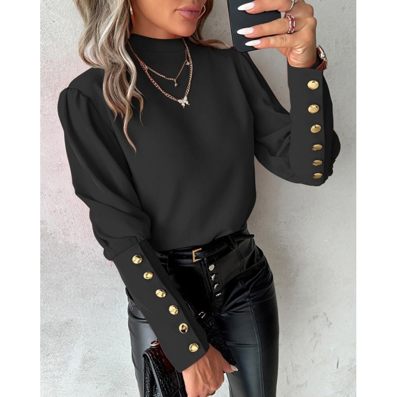 Elegant blouse for women with puff sleeves and golden button details Lune London