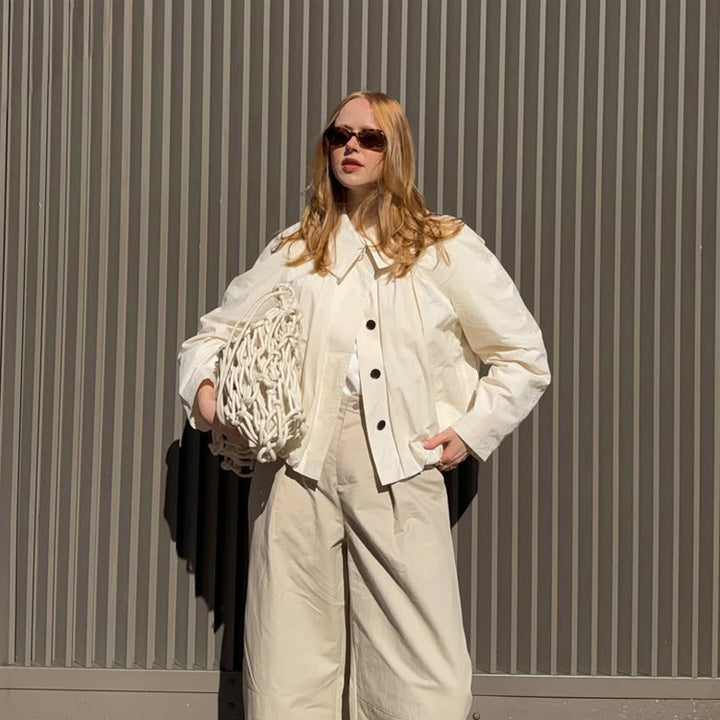 Women's Lightweight Cropped Blouse Jacket with Boxy Silhouette, Oversized Shirt Collar and Balloon Sleeves Amarae