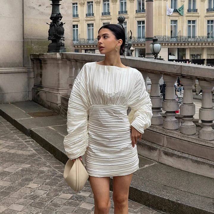 Women's gathered pleated mini dress with balloon sleeves and tailored silhouette Amarae