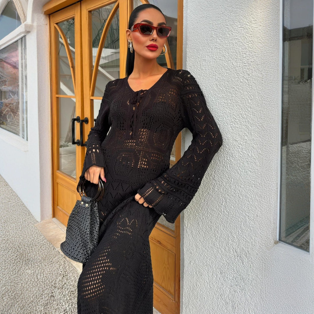 Knit dress for women with a refined lace design and a deep V neckline Lune London