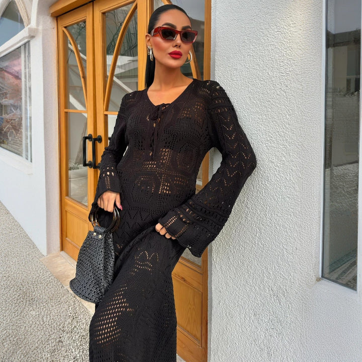 Knit dress for women with a refined lace design and a deep V neckline Lune London
