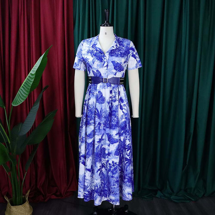 Maxi dress for women with botanical print and fitted belt Lune London