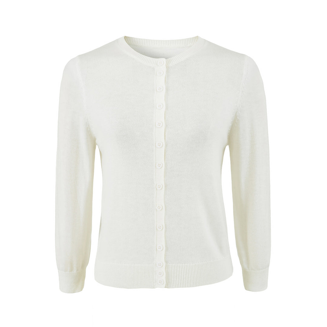 Ladies finely knitted round neck cardigan with button placket and ribbed cuffs Amarae