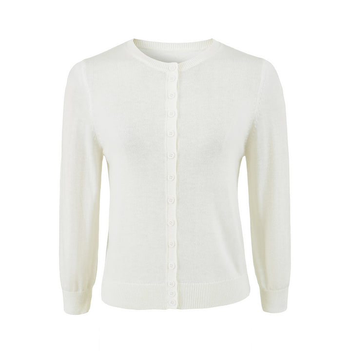 Ladies finely knitted round neck cardigan with button placket and ribbed cuffs Amarae