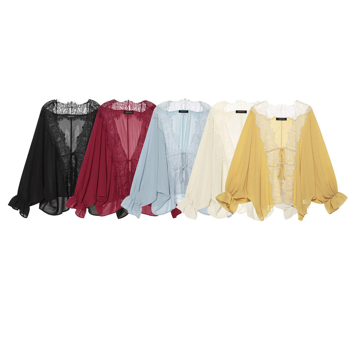 Women's Flowing Kimono Blouse with Lace Trim and Tie Band Amarae