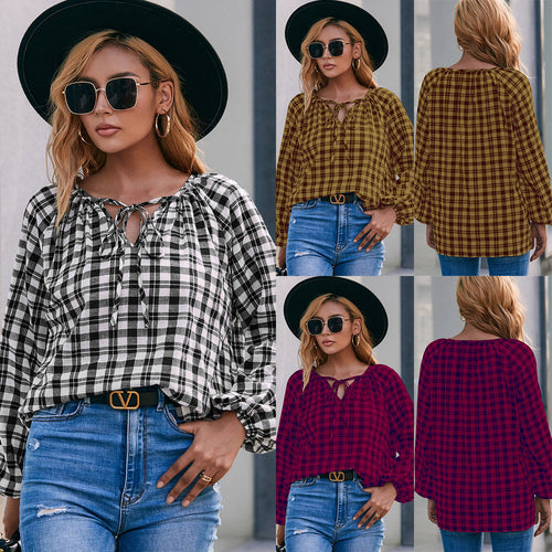Shirt for women with check pattern and bow detail Amarae