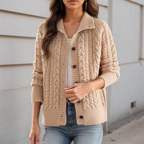 Thick knit jacket for women with decorative braid pattern and practical pockets Amarae