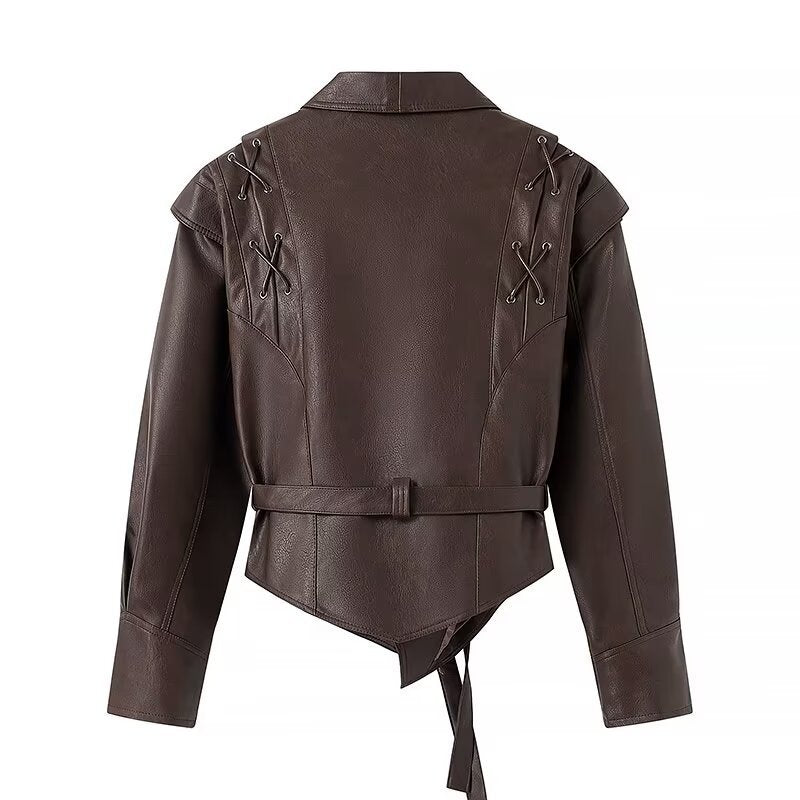 Women's Wrap Leather Jacket with Highlighted Shoulders and Waist Belt Amarae