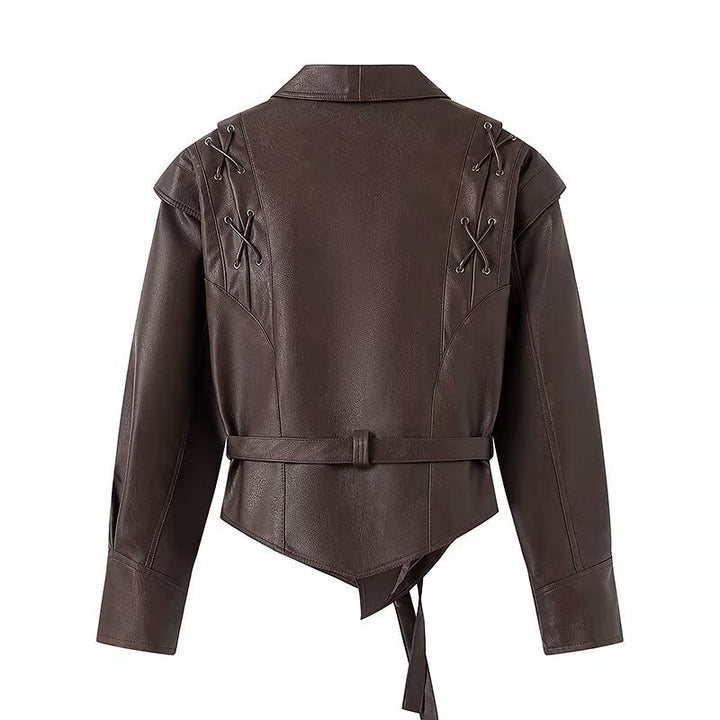 Women's Wrap Leather Jacket with Highlighted Shoulders and Waist Belt Amarae
