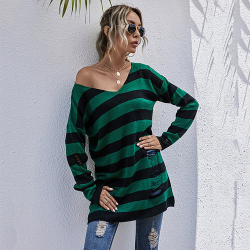 Casual sweater for women with asymmetrical neckline and striped design Amarae