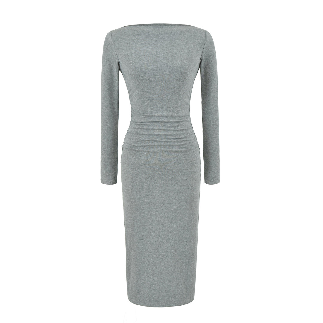 Women Figure-hugging Midi Dress with Gathering and Boat Neck Amarae