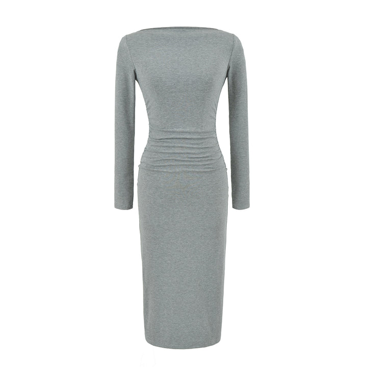 Women Figure-hugging Midi Dress with Gathering and Boat Neck Amarae
