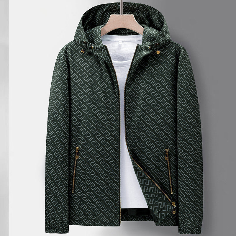 Men's Lightweight Hooded Pattern Jacket made of Microfiber with Urban Geometry Print Amarae