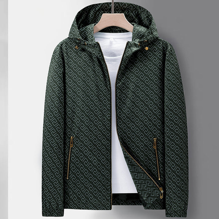 Men's Lightweight Hooded Pattern Jacket made of Microfiber with Urban Geometry Print Amarae