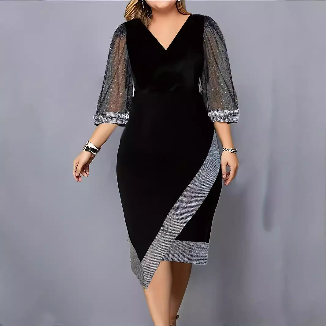 Ladies Elegant Cocktail Dress with Sheer Puff Sleeves and Asymmetrical Hem Lune London