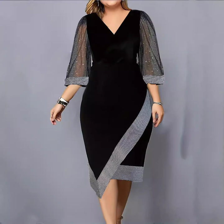 Ladies Elegant Cocktail Dress with Sheer Puff Sleeves and Asymmetrical Hem Lune London