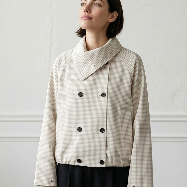 Women's Short Double-Breasted Blouson Jacket with Wrap Collar and Raglan Sleeves Amarae