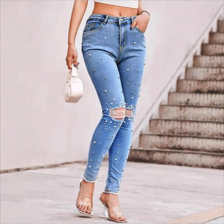 Women Pearl-Embellished High-Waist Skinny Jeans with Knee Rips and Raw Hem Amarae